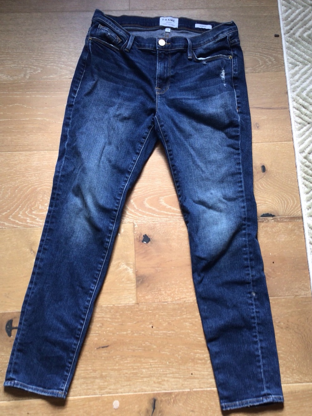 Frame Denim Dark Blue Jeans with Gold Stitching